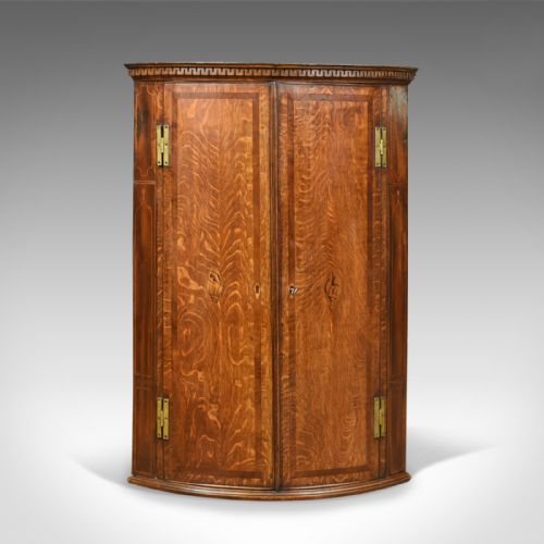 Antique Bow Fronted Corner Cabinet, English, Georgian, Oak, Hanging Circa 1770