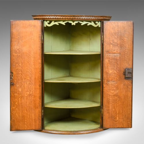 fig 2. Antique Bow Fronted Corner Cabinet, English, Georgian, Oak, Hanging Circa 1770