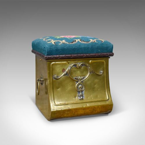 Antique Coal Bin Stool, Victorian, Brass, Fireside, Box, Needlepoint, Circa 1880