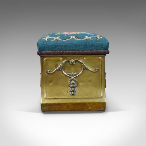 fig 1. Antique Coal Bin Stool, Victorian, Brass, Fireside, Box, Needlepoint, Circa 1880