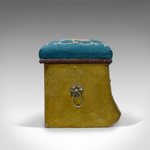 fig 2. Antique Coal Bin Stool, Victorian, Brass, Fireside, Box, Needlepoint, Circa 1880