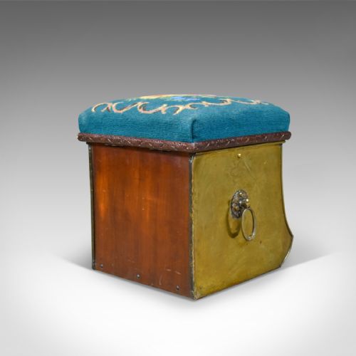 fig 3. Antique Coal Bin Stool, Victorian, Brass, Fireside, Box, Needlepoint, Circa 1880