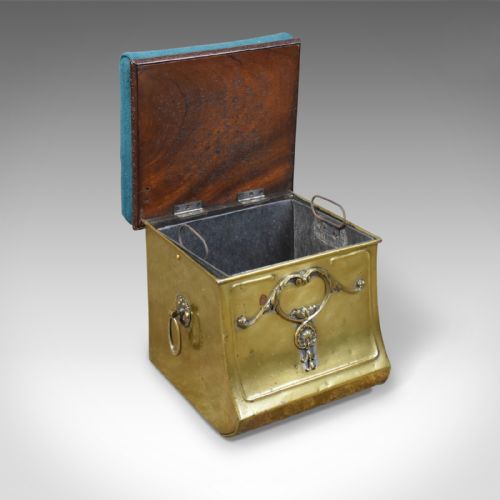 fig 4. Antique Coal Bin Stool, Victorian, Brass, Fireside, Box, Needlepoint, Circa 1880
