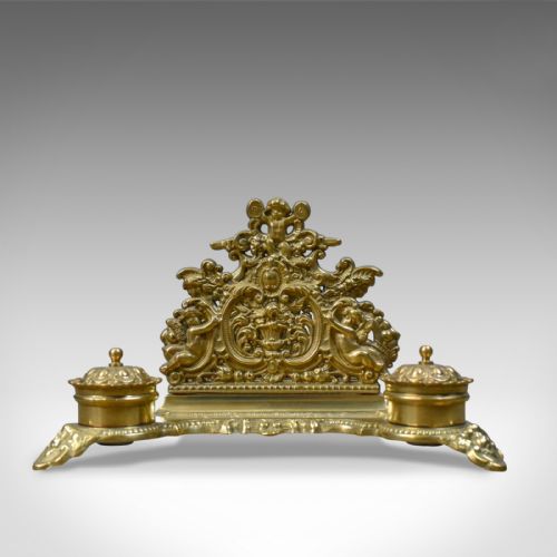 Antique Desk Stand, English, Edwardian, Gilt Metal Letter Rack, Inkwells C.1910