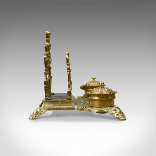 fig 1. Antique Desk Stand, English, Edwardian, Gilt Metal Letter Rack, Inkwells c.1910