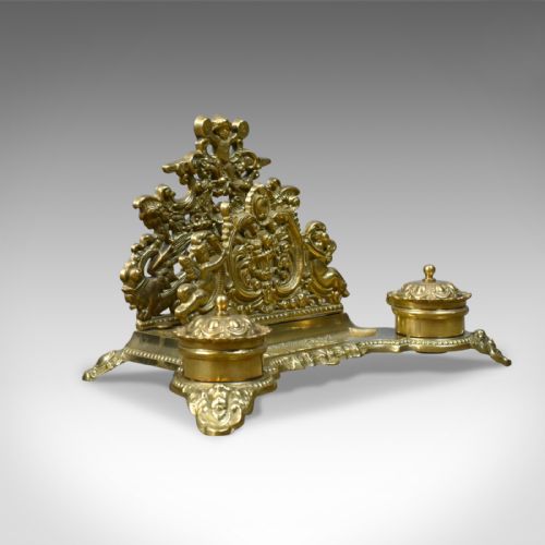 fig 2. Antique Desk Stand, English, Edwardian, Gilt Metal Letter Rack, Inkwells c.1910