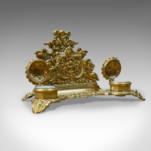 fig 3. Antique Desk Stand, English, Edwardian, Gilt Metal Letter Rack, Inkwells c.1910