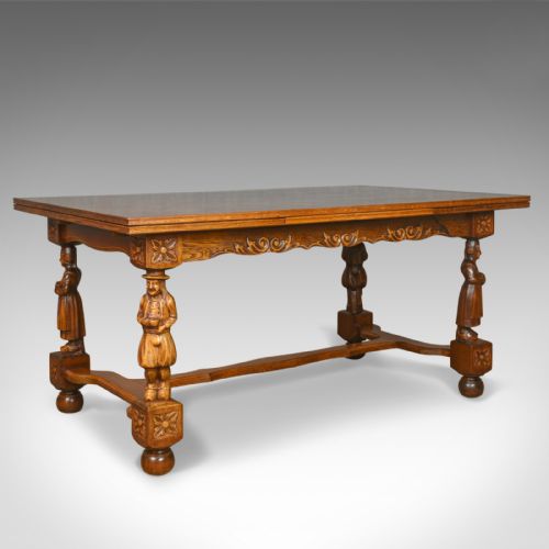 Antique Dining Table, Extending, Oak, Draw Leaf, Flemish, Seats Up to 10, C.1930
