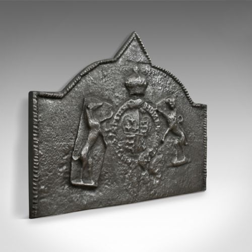 Tudor Revival Cast Iron Fire Back, Royal Crest, Lion, Greyhound, Victorian C1890