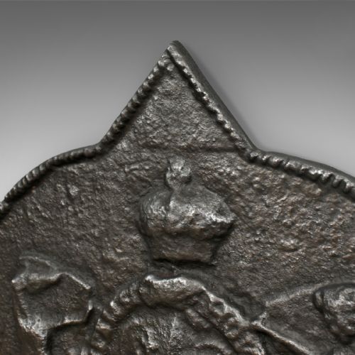 fig 1. Tudor Revival Cast Iron Fire Back, Royal Crest, Lion, Greyhound, Victorian c1890