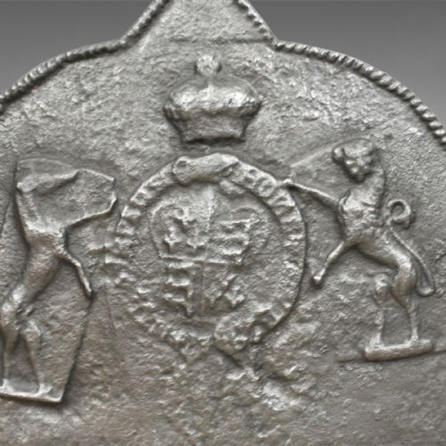 fig 2. Tudor Revival Cast Iron Fire Back, Royal Crest, Lion, Greyhound, Victorian c1890