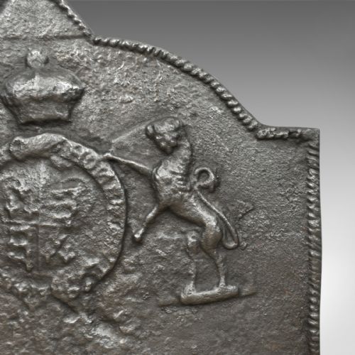 fig 3. Tudor Revival Cast Iron Fire Back, Royal Crest, Lion, Greyhound, Victorian c1890