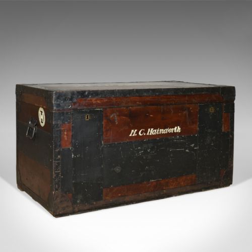fig 2. Antique Steamer Trunk, Large, English, Pine, Metal Lined, Chest, Edwardian c1910