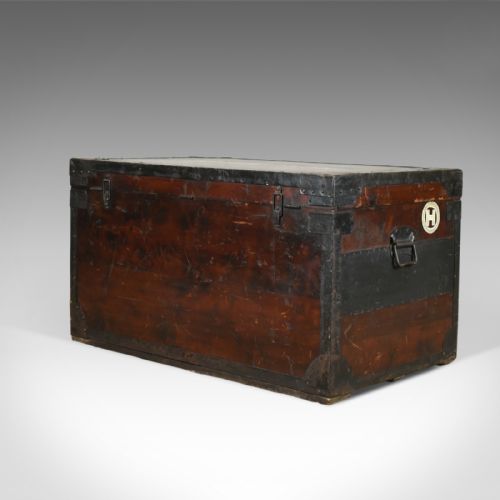 fig 3. Antique Steamer Trunk, Large, English, Pine, Metal Lined, Chest, Edwardian c1910