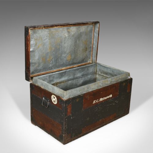 fig 4. Antique Steamer Trunk, Large, English, Pine, Metal Lined, Chest, Edwardian c1910