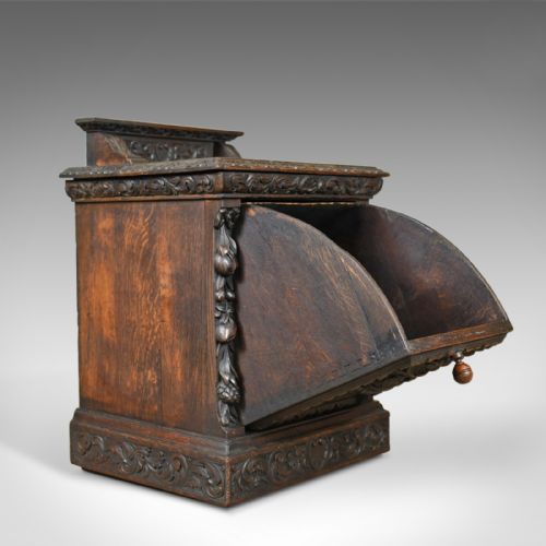 fig 3. Antique Purdonium, Scottish, Oak, Coal, Fireside Log Bin, Victorian, Circa 1880