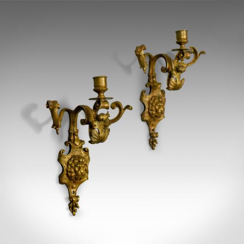 Antique, Wall Sconces, English, Victorian, Gilt Metal, Candle Stands, Circa 1900
