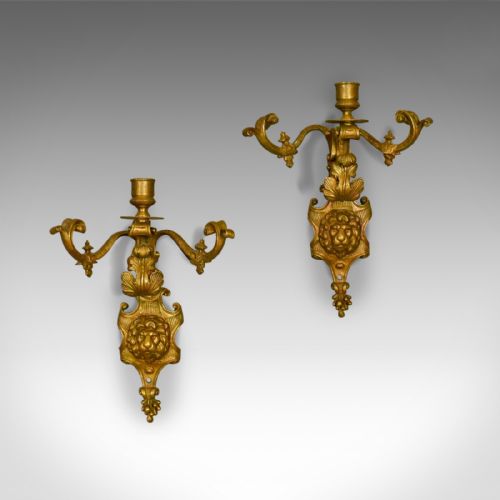 fig 1. Antique, Wall Sconces, English, Victorian, Gilt Metal, Candle Stands, Circa 1900
