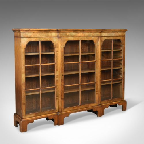 Antique Breakfront Bookcase, Victorian Burr Walnut Glazed Display Cabinet C1890