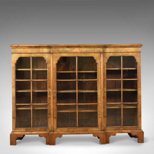 fig 1. Antique Breakfront Bookcase, Victorian Burr Walnut Glazed Display Cabinet c1890