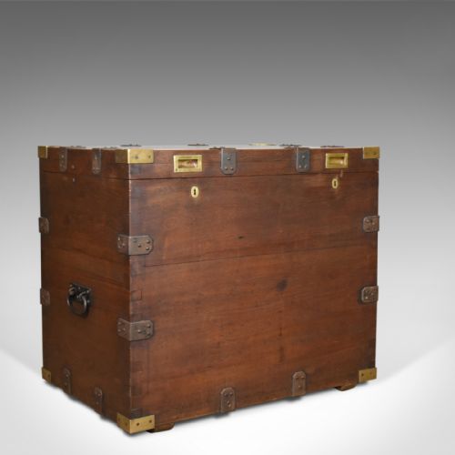 fig 1. Antique Campaign Silver Chest, English, Oak, Victorian Trunk, Heavy Circa 1852-5