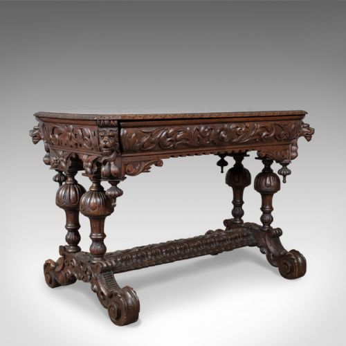 Antique Library Table, Victorian, Gothic Revival, Scottish Oak Carved Side C1880