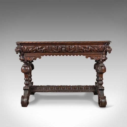 fig 1. Antique Library Table, Victorian, Gothic Revival, Scottish Oak Carved Side c1880