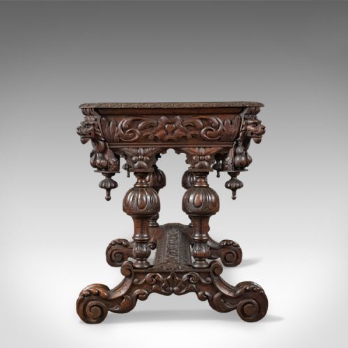 fig 2. Antique Library Table, Victorian, Gothic Revival, Scottish Oak Carved Side c1880