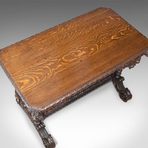 fig 3. Antique Library Table, Victorian, Gothic Revival, Scottish Oak Carved Side c1880