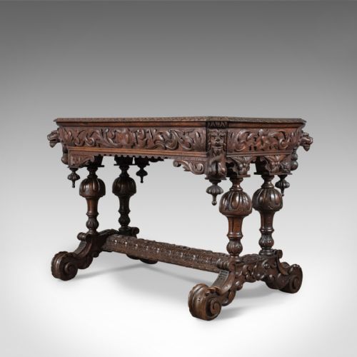 fig 4. Antique Library Table, Victorian, Gothic Revival, Scottish Oak Carved Side c1880