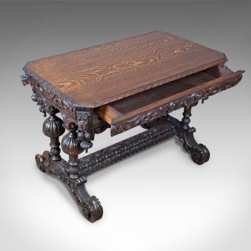 fig 5. Antique Library Table, Victorian, Gothic Revival, Scottish Oak Carved Side c1880