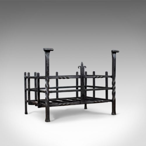 Antique Fire Basket, Gothic, Free Standing, Forged Iron, Fireplace Grate C.1900