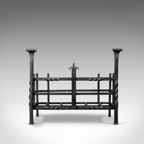 fig 1. Antique Fire Basket, Gothic, Free Standing, Forged Iron, Fireplace Grate c.1900