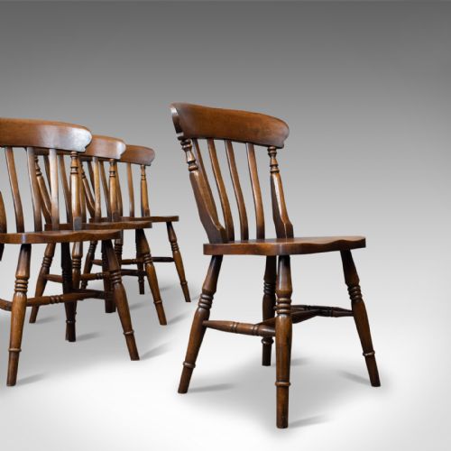 Set of Four Antique Station Chairs, English, Oak, Windsor, Dining, Circa 1890