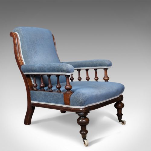 Antique Armchair, English, Victorian, Club Chair, Walnut, Blue, Circa 1880