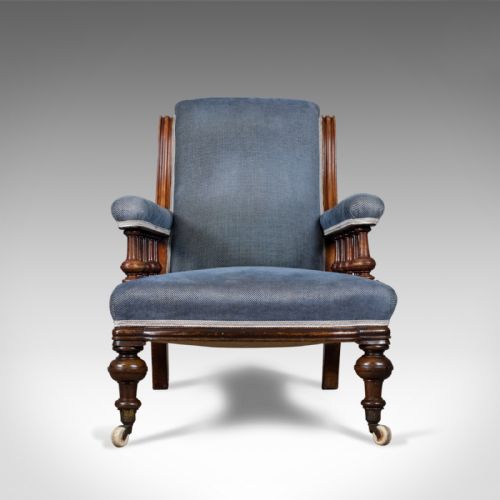 fig 1. Antique Armchair, English, Victorian, Club Chair, Walnut, Blue, Circa 1880