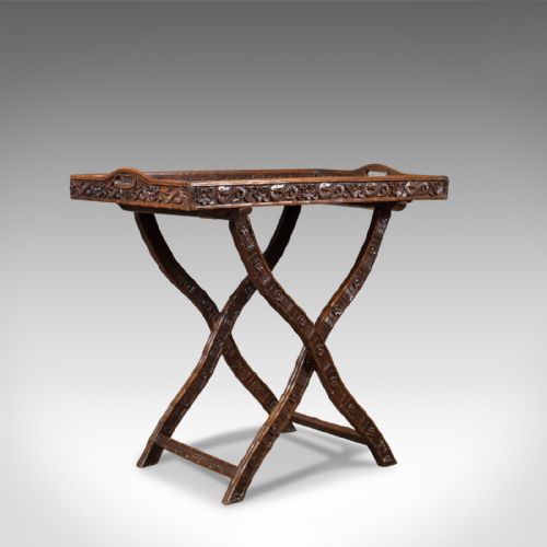Antique Butler's Tray, Carved, Oriental Teak, Folding Stand, Circa 1900