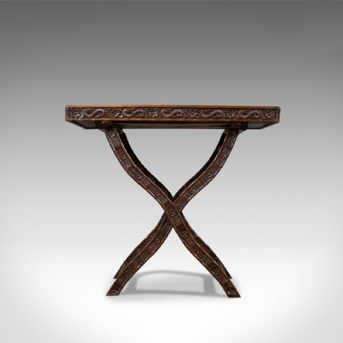 fig 1. Antique Butler's Tray, Carved, Oriental Teak, Folding Stand, Circa 1900