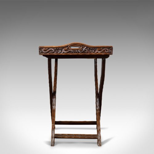 fig 2. Antique Butler's Tray, Carved, Oriental Teak, Folding Stand, Circa 1900