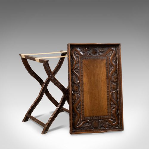 fig 3. Antique Butler's Tray, Carved, Oriental Teak, Folding Stand, Circa 1900