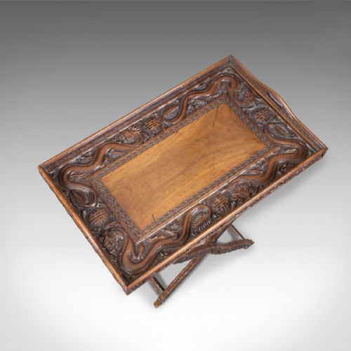 fig 4. Antique Butler's Tray, Carved, Oriental Teak, Folding Stand, Circa 1900