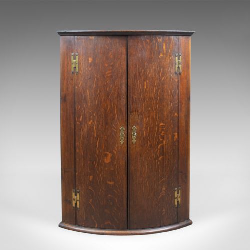 Antique Bow Fronted Corner Cabinet, English, Oak, Georgian, Hanging Circa 1770