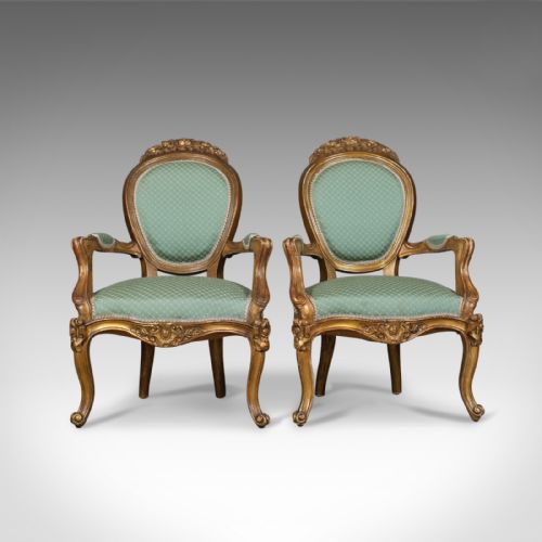 Pair of Antique, Louis Xv Revival, Open Armchairs. French, Giltwood, Circa 1900