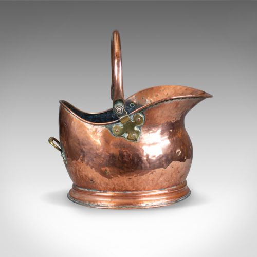 fig 1. Antique Copper Coal Bin, Fireside, Scuttle Bucket, Percy Metal Works London 1929