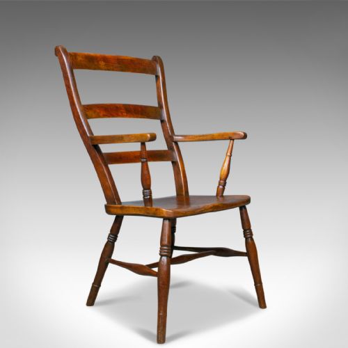 Antique Oxford Elbow Chair, Victorian, Windsor, Lath Back, Armchair, Elm, C.1850