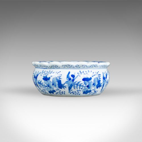 Antique Ceramic Jardiniere Plant Stand, Bowl, Blue and White, Birds Circa 1890
