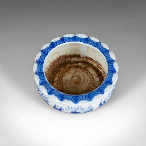 fig 1. Antique Ceramic Jardiniere Plant Stand, Bowl, Blue and White, Birds Circa 1890