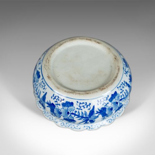fig 2. Antique Ceramic Jardiniere Plant Stand, Bowl, Blue and White, Birds Circa 1890