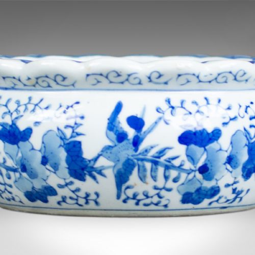 fig 3. Antique Ceramic Jardiniere Plant Stand, Bowl, Blue and White, Birds Circa 1890