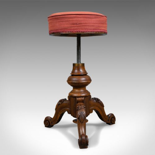 fig 1. Antique Piano Stool, Walnut, Adjustable, English, Victorian, Seat Circa 1860